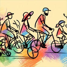 Dynamic sketch of a diverse group of people enjoying a cycle ride, AI generated