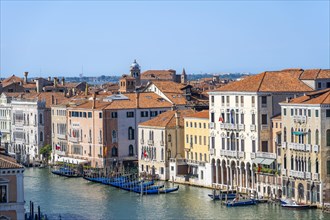 View from the roof of the Fondaco dei Tedeschi, boats on the Grand Canal, Venice, Veneto, Italy,