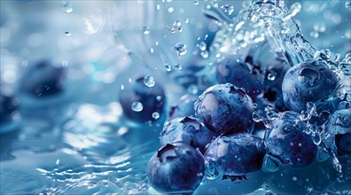 Fresh blueberries floating in water. A concept of vegetarian lifestyle and vegetarian diet, AI