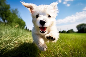 Playful white puppy with fluffy fur is captured mid-run, running playing enjoying a sunny day