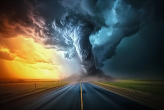 Disaster catastrophe storm concept, tornado in the USA with road in field under stormy dark sky, AI