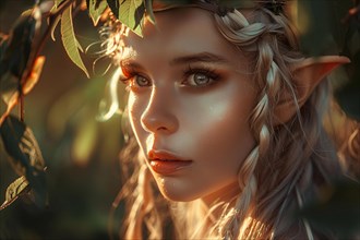 Beautiful elf woman with elven ears in forest. KI generiert, generiert, AI generated