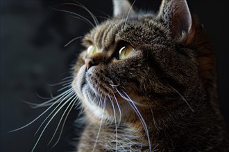 Cute British Shorthair cat on dark background. KI generiert, generiert, AI generated