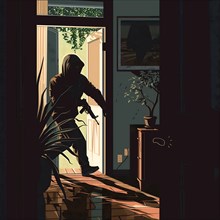 Dynamic scene of a burglar opening a door by force, burglary, burglar, burglary, AI generated