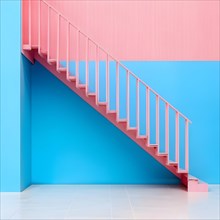 AI generated minimalist architectural shot of blue and pink walls intersecting around a modern
