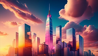 Modern skyscrapers glowing at sunset with vibrant colors in a dynamic cityscape, AI generated