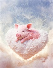 Adorable photo of a slumbering pink piglet snuggled among soft clouds, AI generated