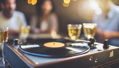 A turntable playing a vinyl record with champagne glasses and festive defocused lights in the