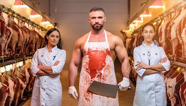 Focused butchers in a clean locker with blood-stained aprons maintain a professional appearance, AI