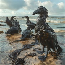 Oil-polluted Raven on the beach, gloomy atmosphere, pollution concept, AI generated