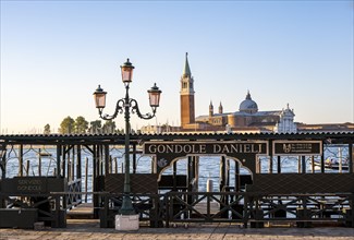 Hotel Danieli jetty, San Giorgio Maggiore church behind, in the morning light, Venice, Veneto,