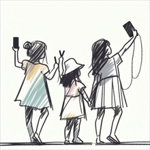 Sketch of three children taking a selfie, portrayed in a playful and abstract manner, AI generated