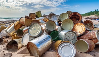 Symbol photo, many empty tin cans, partly crushed, rusty, dirty, lying on the beach, waste, AI