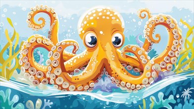 An amusing octopus in a vibrant underwater scene with lively sea life, AI generated