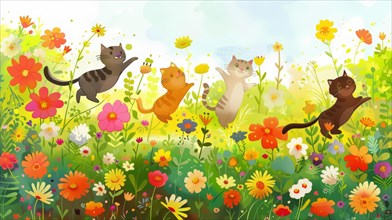 Animated picture of jumping cats in a colorful field of flowers, AI generated
