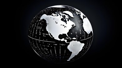 AI generated earth globe in black and white in binary code cascading in sequence