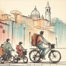 Family on a bike ride along a waterfront cityscape during sunset, sketched with soft colors, AI