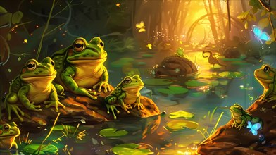 Cartoon frogs on lily pads in a vibrant pond basking in warm morning light with butterflies, AI