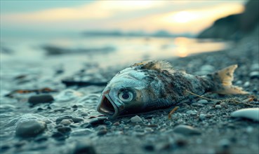 Dead fish washed ashore on a polluted beach, environment and ecological problems AI generated