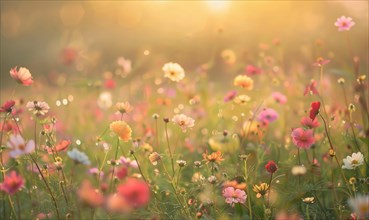 Delicate morning light casting soft shadows on a field of wildflowers AI generated