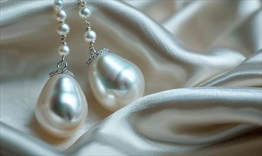 Pair of pearl drop earrings delicately arranged on a smooth satin material background AI generated