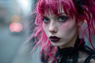 Face of young woman in black and pink gothic style in street. KI generiert, generiert, AI generated