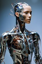 AI generated cybernetic organism merging detailed anatomy sketches with digital circuitry and