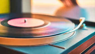 Close-up of a vinyl record playing on a turntable with colorful lighting, AI generated