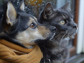 Bad weather, dog and cat looking sadly outside through a rainy window pane, AI generated