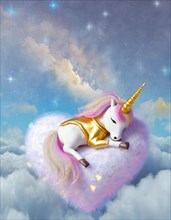 Magical unicorn rests on a heart-shaped cloud amongst a starry sky, AI generated