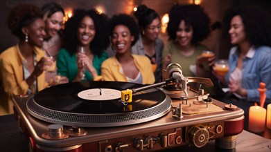 Friends gathered around a vintage turntable enjoying music and cocktails at a party, AI generated