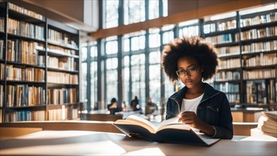 Girl studying in a library with tall windows and a serene environment, AI generated
