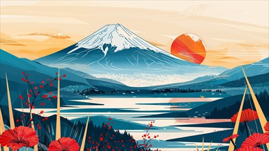 A serene panorama with the impressive Mount Fuji in the distance, flanked by geometric designs and