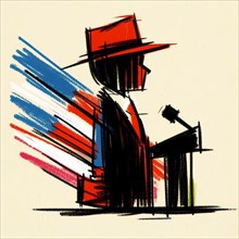 Abstract sketch of a politician speaking, with dynamic red and blue background, AI generated