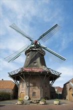 Historic windmill, slaughter mill, two-storey gallery windmill with wind rose, Jever, East Frisia,