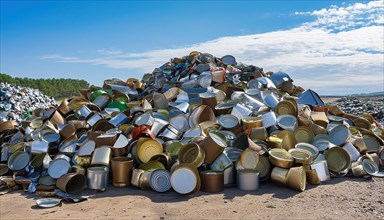 Symbol photo, waste, a large quantity of empty open tinplate cans on a heap, AI generated, AI