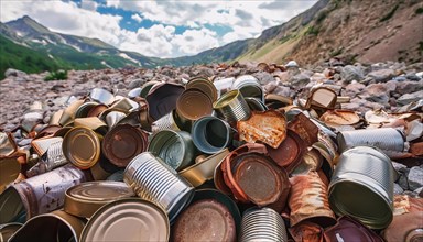 Symbol photo, many empty tin cans, partly crushed, rusty, dirty, lying in the landscape, AI