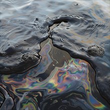 Curved oil films on water with rainbow colours and fascinating patterns, pollution, environmental