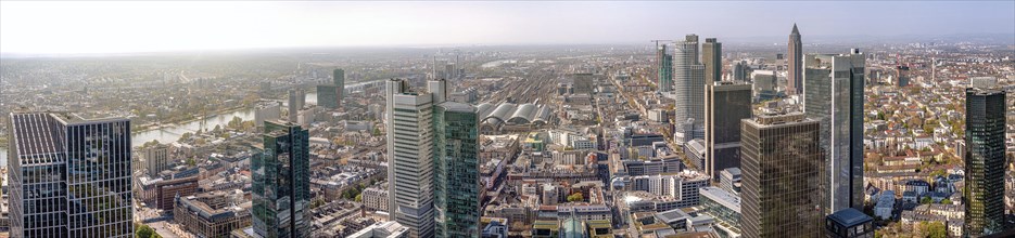 Panoramic view over the financial city of Frankfurt am Main with a view of the railway station and