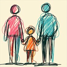 Simple drawing of a family holding hands with a child in the center, AI generated