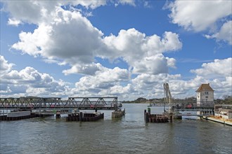 Construction site, bascule bridge, clouds, Lindaunis, Schlei, Schleswig-Holstein, Germany, Europe