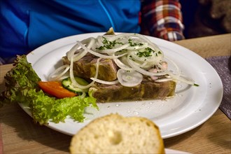 Pork brawn with Common onions, served in a pub, Franconia, Bavaria, Germany, Europe