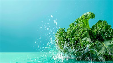 Fresh bunch of green kale floating in water. A concept of vegetarian lifestyle and vegetarian diet,