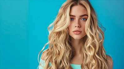 A blonde woman model with long hair is standing in front of a blue background, AI generated