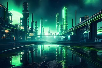 AI generated industrial futuristic landscape merging with ecopunk aesthetics in green colors