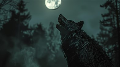 A lone wolf howling at the moon in a dark and spooky forest setting, AI generated