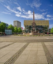 Gewandhaus, Mendebrunnen and Europa-Haus on Augustusplatz, Leipzig, Saxony, Germany, Europe