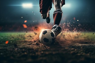 A soccer player kicks a ball on a football field in the evening, AI generated