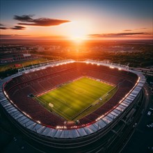 Aerial bird eye top view of a soccer football field stadium on sunset, AI generated