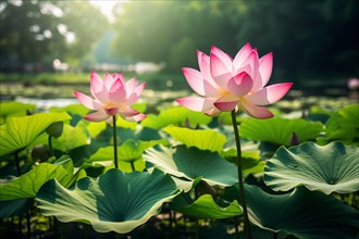 Beautiful Lotus flowers growing in pond. KI generiert, generiert, AI generated